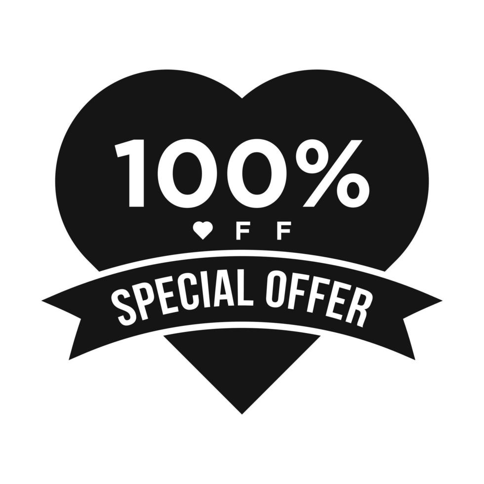 100 por ciento de descuento en banner de promoción de descuento de venta. oferta especial, evento, venta del día de San Valentín, plantilla de vector de etiqueta de descuento de vacaciones