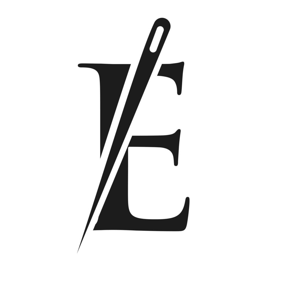 logotipo inicial de la letra e sastre, combinación de aguja e hilo para bordar, textil, moda, tela, tela, plantilla de color dorado vector