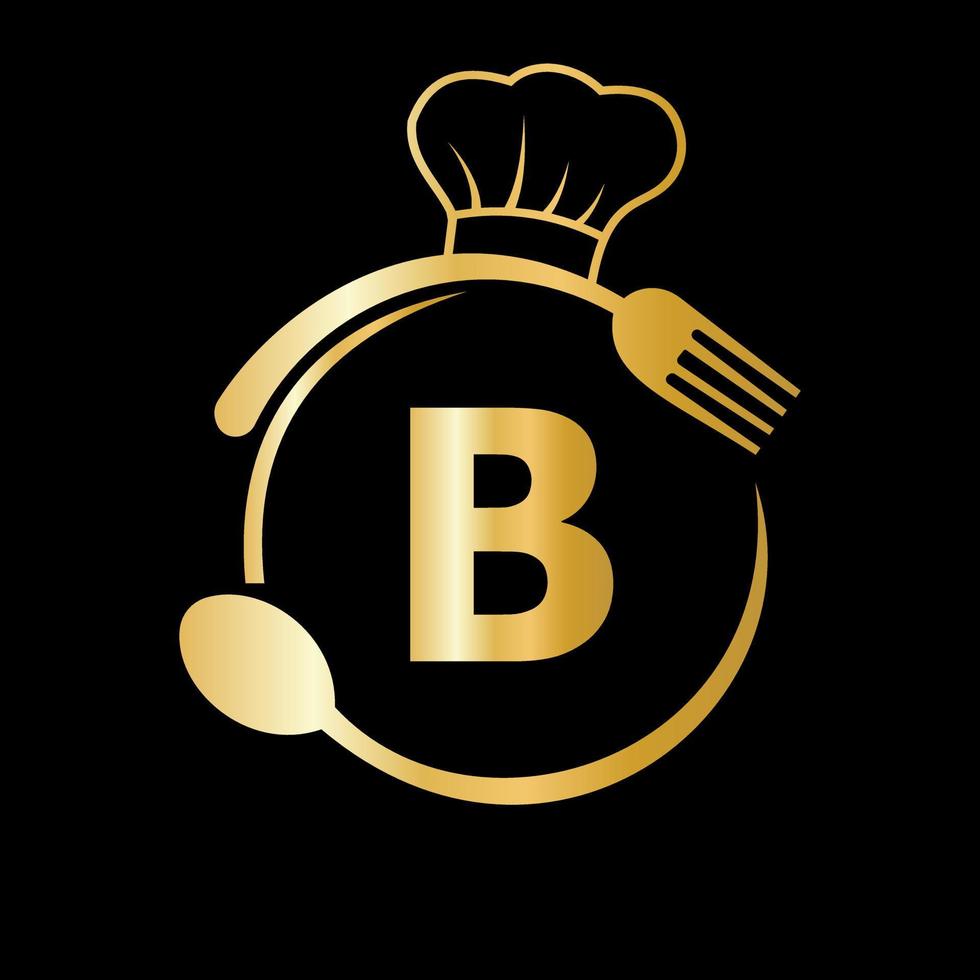 Restaurant Logo on Letter B with Chef Hat, Spoon and Fork Symbol for Kitchen Sign, Cafe Icon, Restaurant, Cooking Business Vector