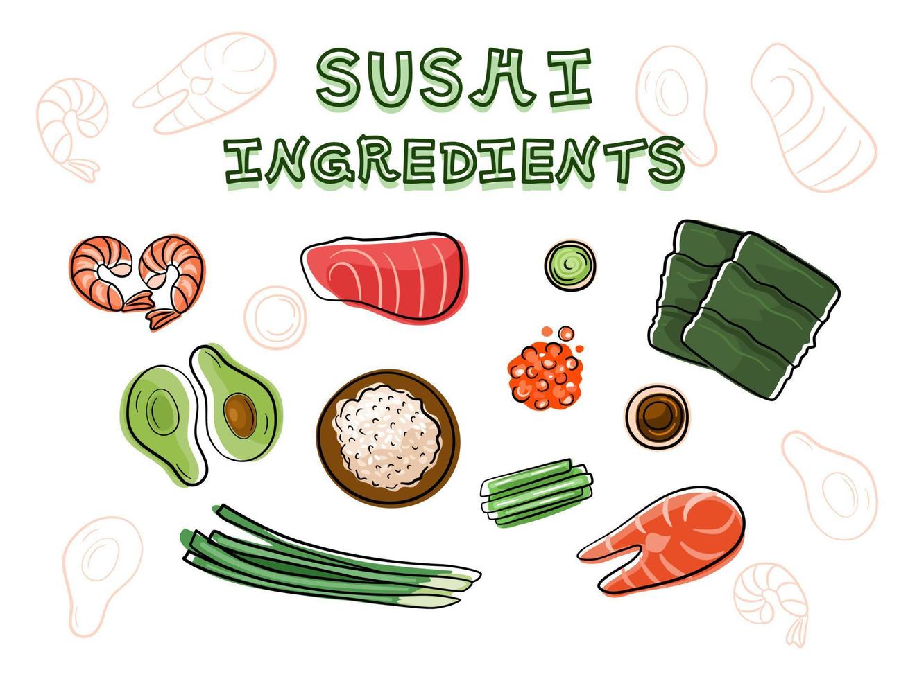 Sushi ingredients set in simple sketchy style. Salmon, tuna, shrimps, avocado, nori, caviar, cucumber, scallions, rice. vector