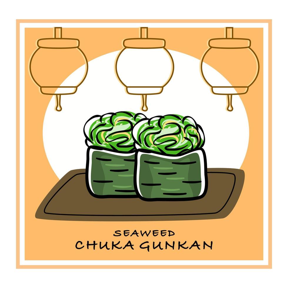 A set of gunkan maki sushi with chuka seaweed. Vector illustration of asian food with authentic background.