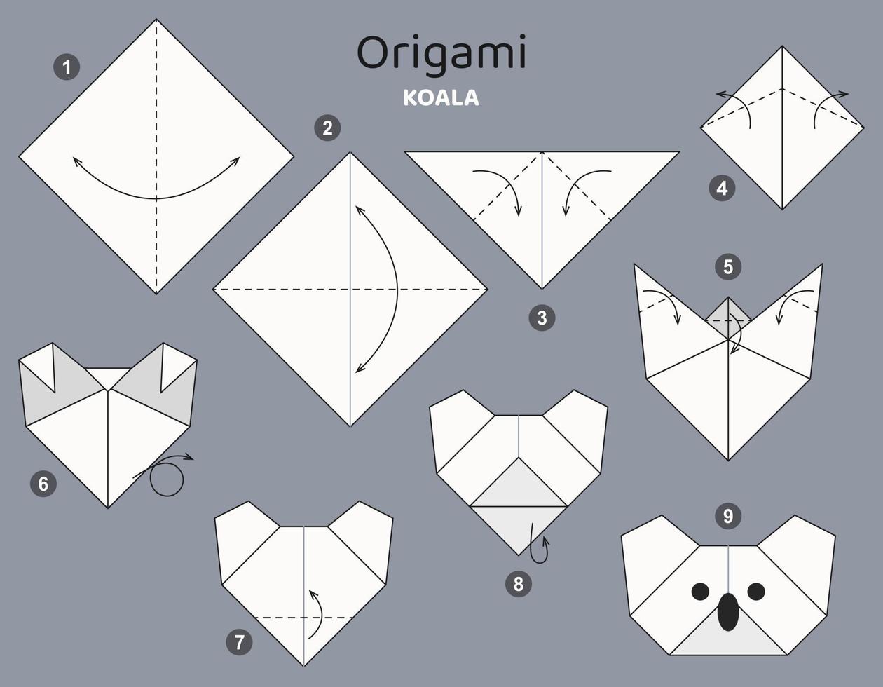 Tutorial koala origami scheme. isolated origami elements on grey backdrop. Origami for kids. Step by step how to make origami koala. Vector illustration.