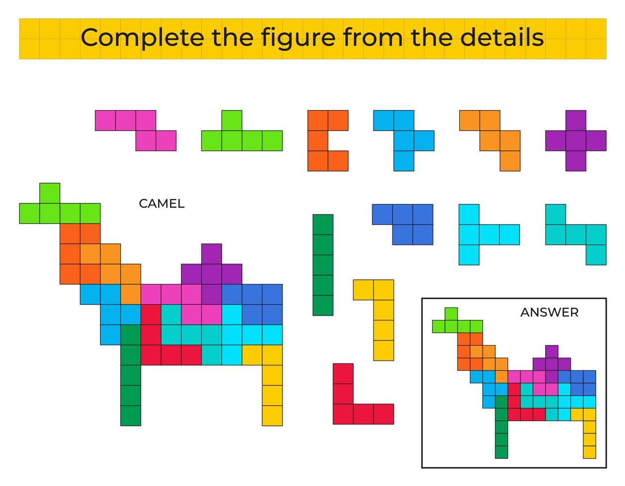 Puzzle game with camel. Colorful details for children. Complete figure. Education game for kids, preschool worksheet activity. Puzzle game. Vector illustration.