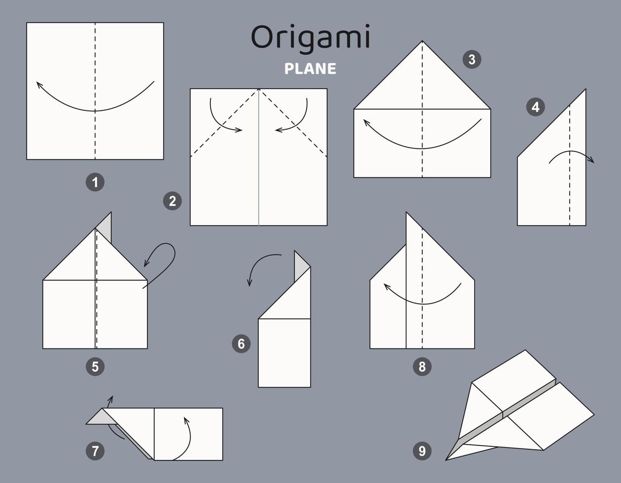 Tutorial Plane origami scheme. isolated origami elements on grey backdrop. Origami for kids. Step by step how to make origami plane. Vector illustration.