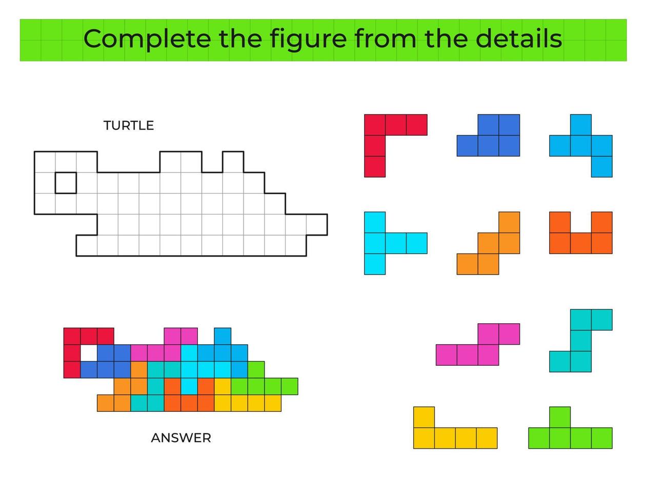 Puzzle game with Turtle. Colorful details for children. Complete figure. Education game for kids, preschool worksheet activity. Puzzle game. Vector illustration.