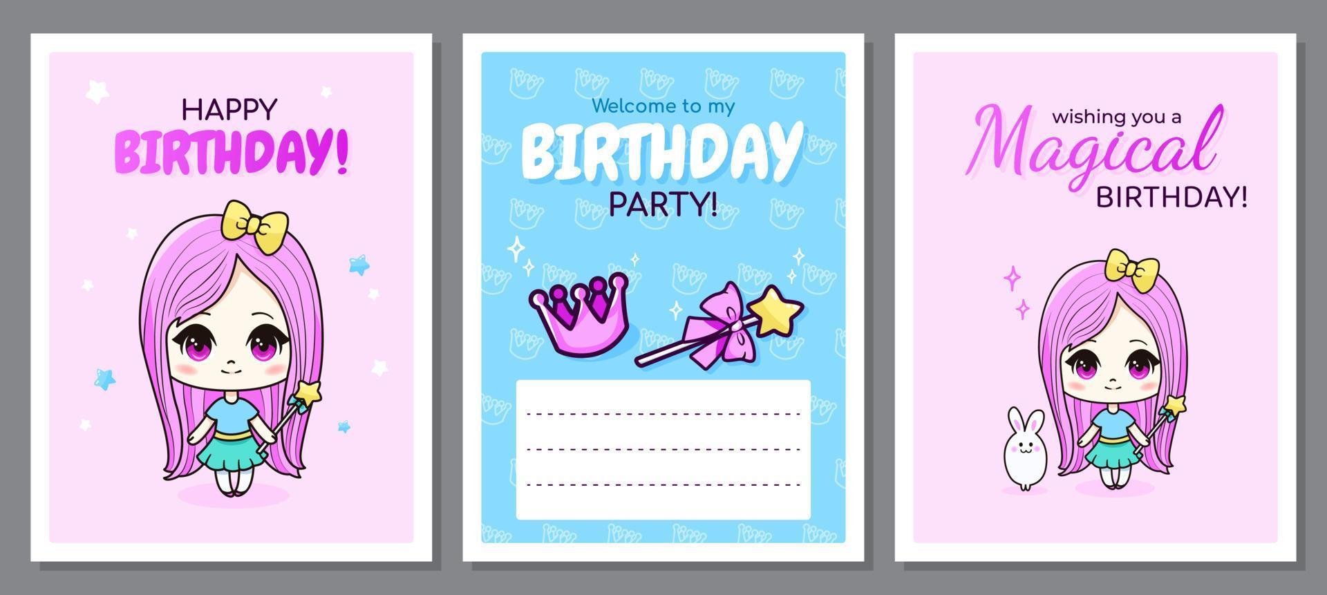 Set of happy birthday greeting cards with chibi girl princess, crown and bunny. Greeting cards in manga style for kids. Vector illustration