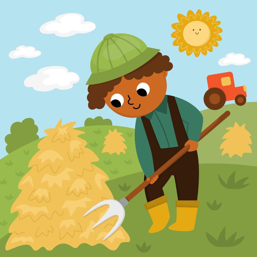 escena vectorial con granjero trabajando con hayfork. niño lindo haciendo trabajo agrícola. paisaje rural del país. niño recogiendo heno. divertido, granja, caricatura, niño, ilustración, con, campo, plano de fondo vector