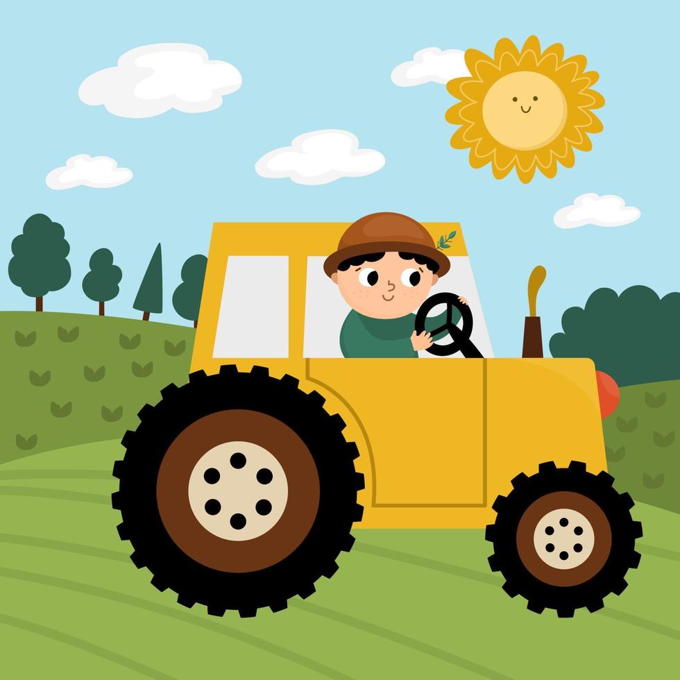 Vector farm scene with farmer driving tractor. Country landscape with transportation, driver, sun. Funny rural field and forest background. Cute boy illustration for kids