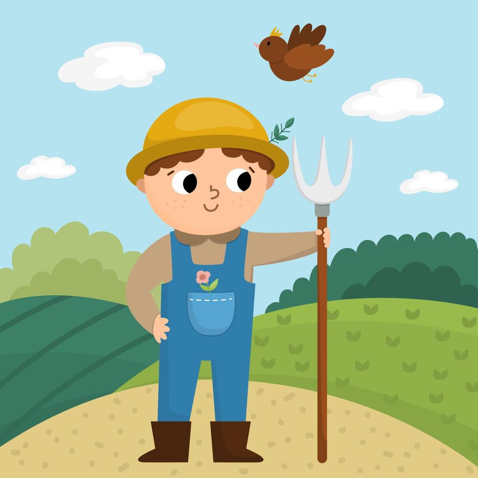 Vector scene with farmer standing with hayfork. Cute kid doing agricultural work. Rural country landscape. Child gathering hay. Funny farm cartoon boy illustration with field background