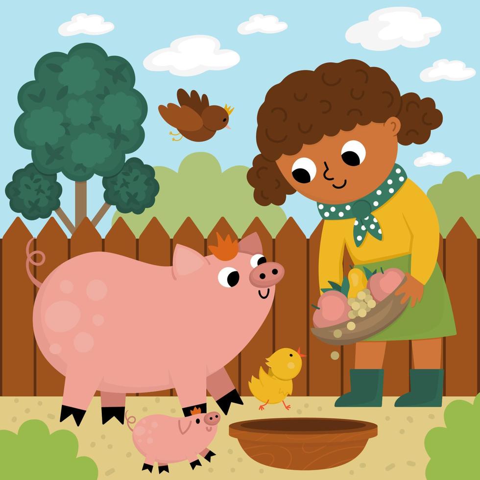 Vector scene with cattle breeder. Farmer girl feeding animals. Cute kid doing agricultural work. Rural country landscape. Child with cute pig and chicken. Funny farm illustration