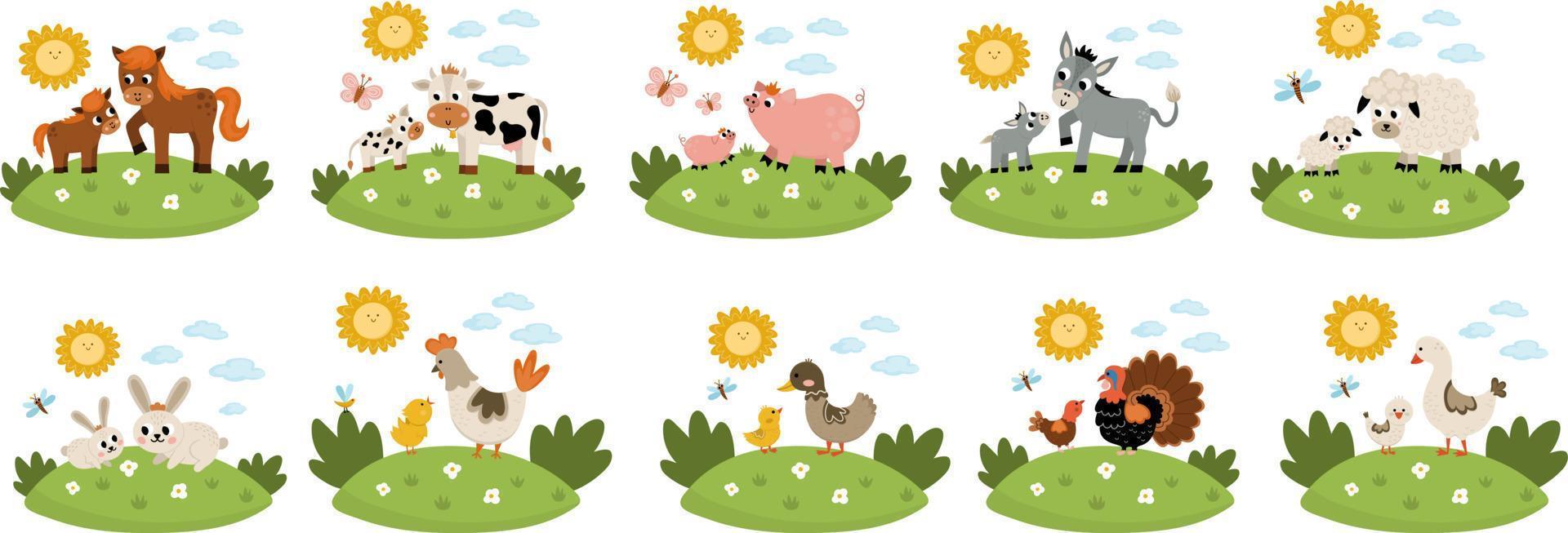 conjunto de escenas de animales de granja vectorial. colección con vaca, caballo, cabra, oveja, pato, gallina, cerdo y sus crías. lindo país madre y bebé ilustración con fondo de hierba, sol, nubes vector