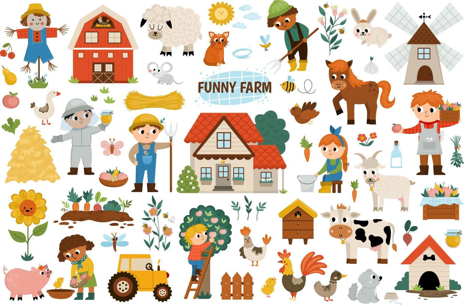 gran conjunto de granjas vectoriales. colección de íconos rurales con divertidos niños granjeros, granero, casa de campo, animales, pájaros, tractor, molino de viento, montones de heno, frutas, verduras, colmena. Ilustraciones de lindo jardin vector