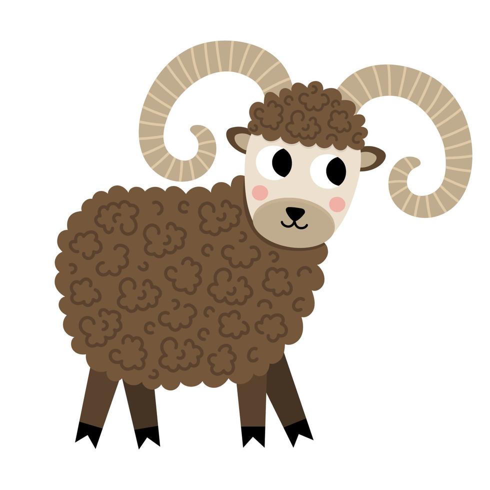 icono de carnero vectorial. ilustración de oveja macho de dibujos animados lindo para niños. animal de granja aislado sobre fondo blanco. imagen de ganado plano colorido para niños vector