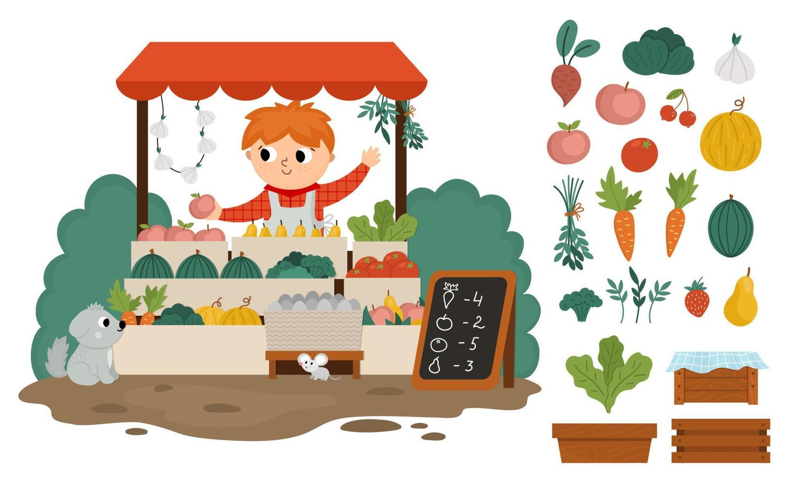 granjero vectorial que vende frutas y verduras en un icono de puesto callejero. linda escena del mercado agrícola. paisaje rural del país. niño vendedor en stand. ejemplo divertido del vendedor de la historieta de la granja vector