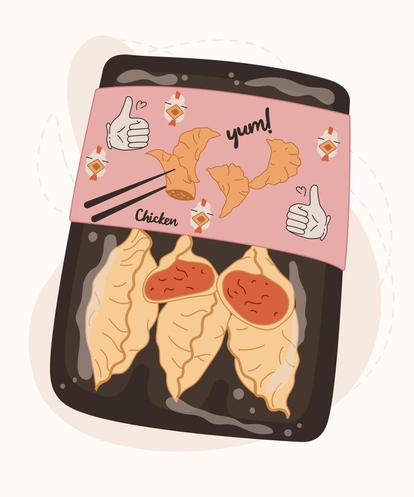 Asian dumplings in a package for sale. Chicken gedza for advertising, menus, posters. Vector illustration of Asian food jiaozi, gyoza