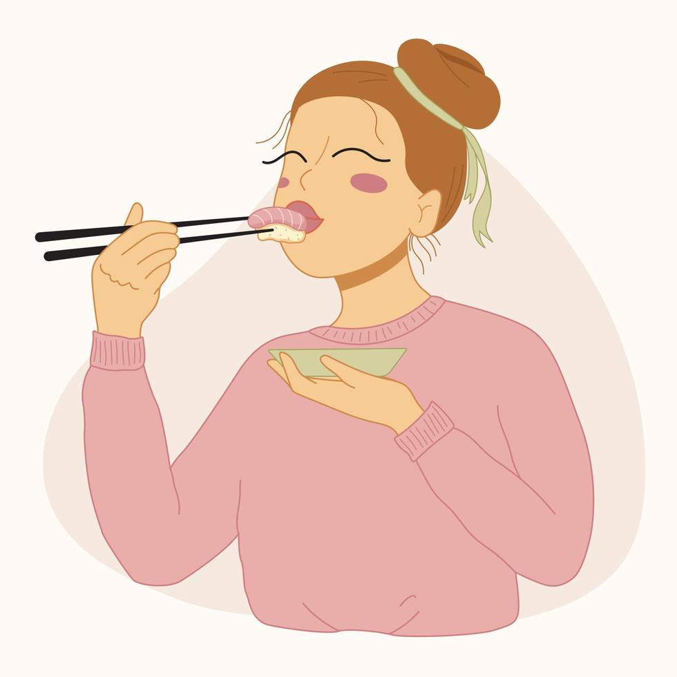 chica felizmente comiendo sushi. comida asiática ilustración vectorial dibujada a mano. la gente hambrienta come comida en la mesa para el desayuno, el almuerzo o la cena ilustración vectorial vector