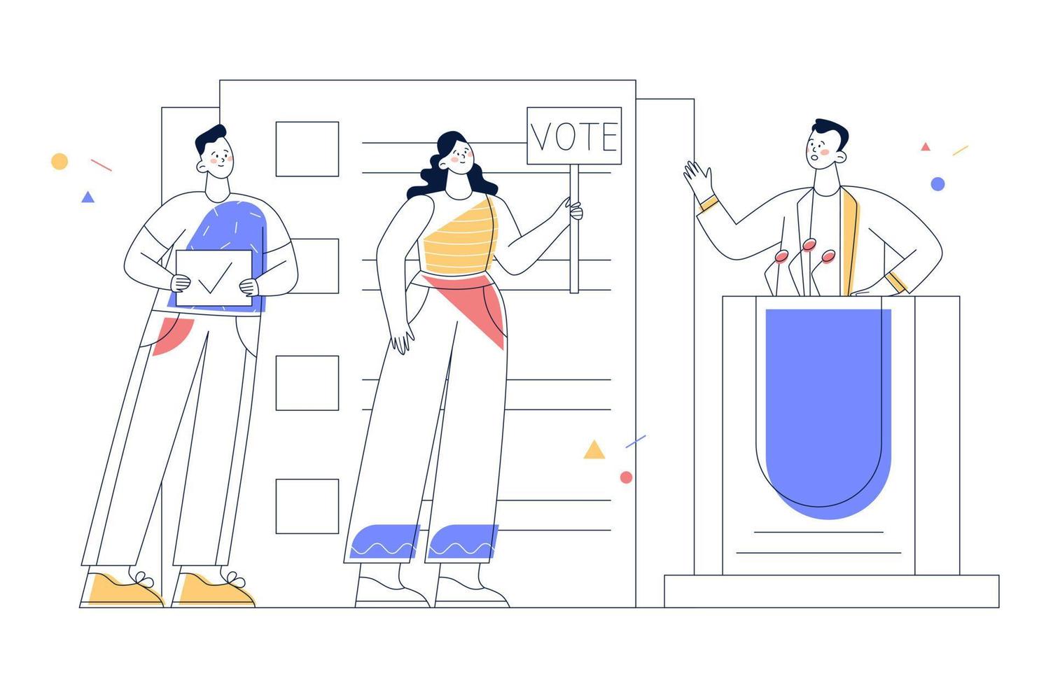 elecciones y concepto de votación. campaña política con candidato y electorado. reunión con orador y personajes con pancartas. contorno, vector de arte de línea.