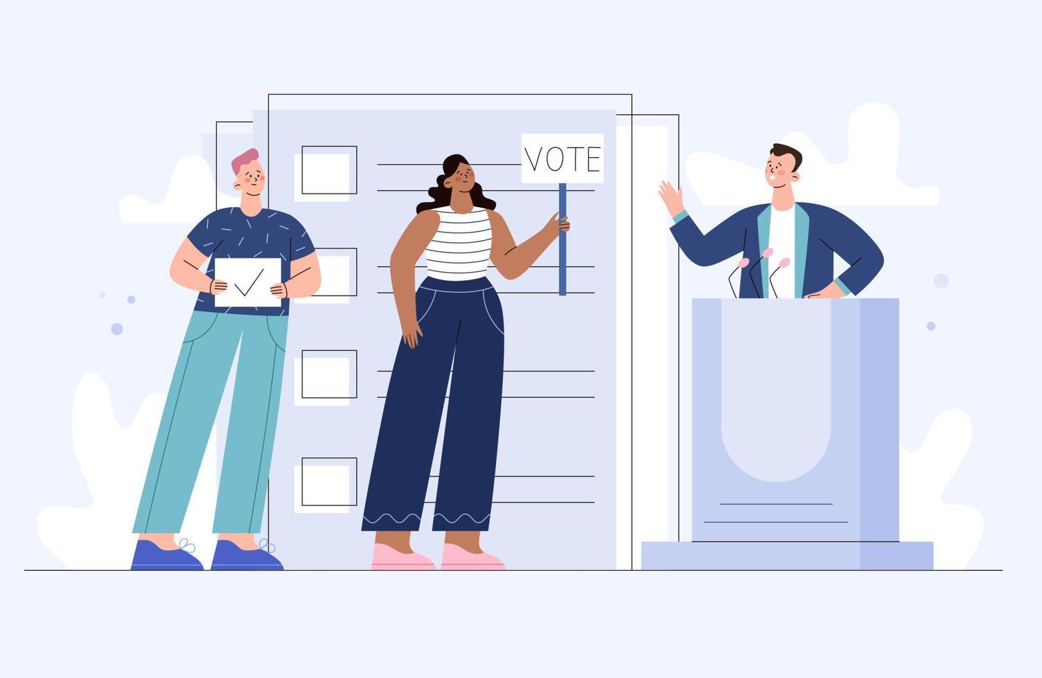 Elections and voting concept. Political campaign with candidate and electorate. Meeting with speaker and characters holding placards. Flat vector illustration.
