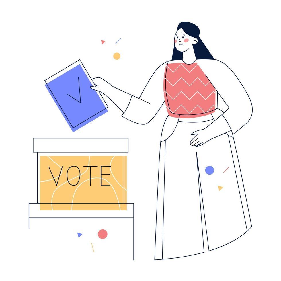 mujer poniendo papeleta de voto en la urna. concepto de elección, votación, democracia y política. contorno, vector de arte de línea.