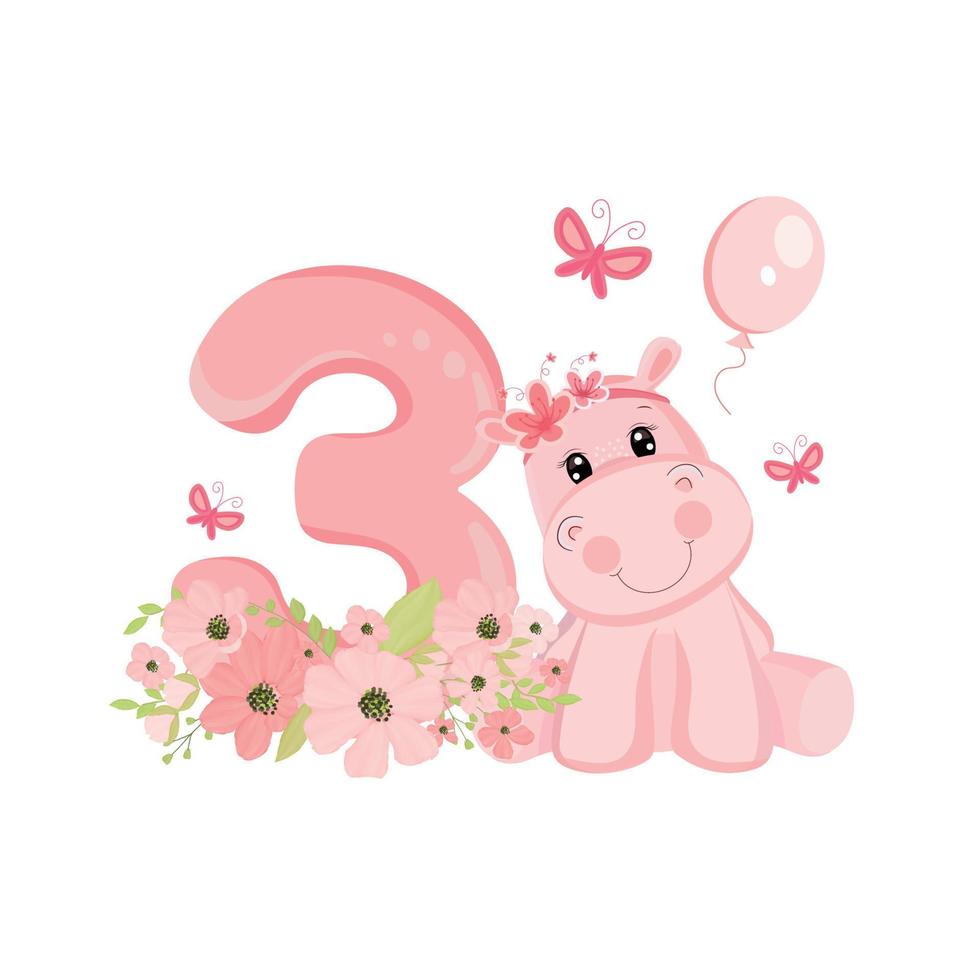 Cute baby girl hippo. Birthday invitation. Three years, three months. Happy birthday. vector