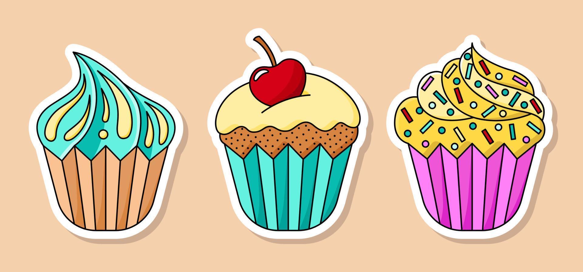 conjunto de pegatinas de cupcake de dibujos animados vectoriales. tres postres dulces aislados con cereza, chispas y crema vector