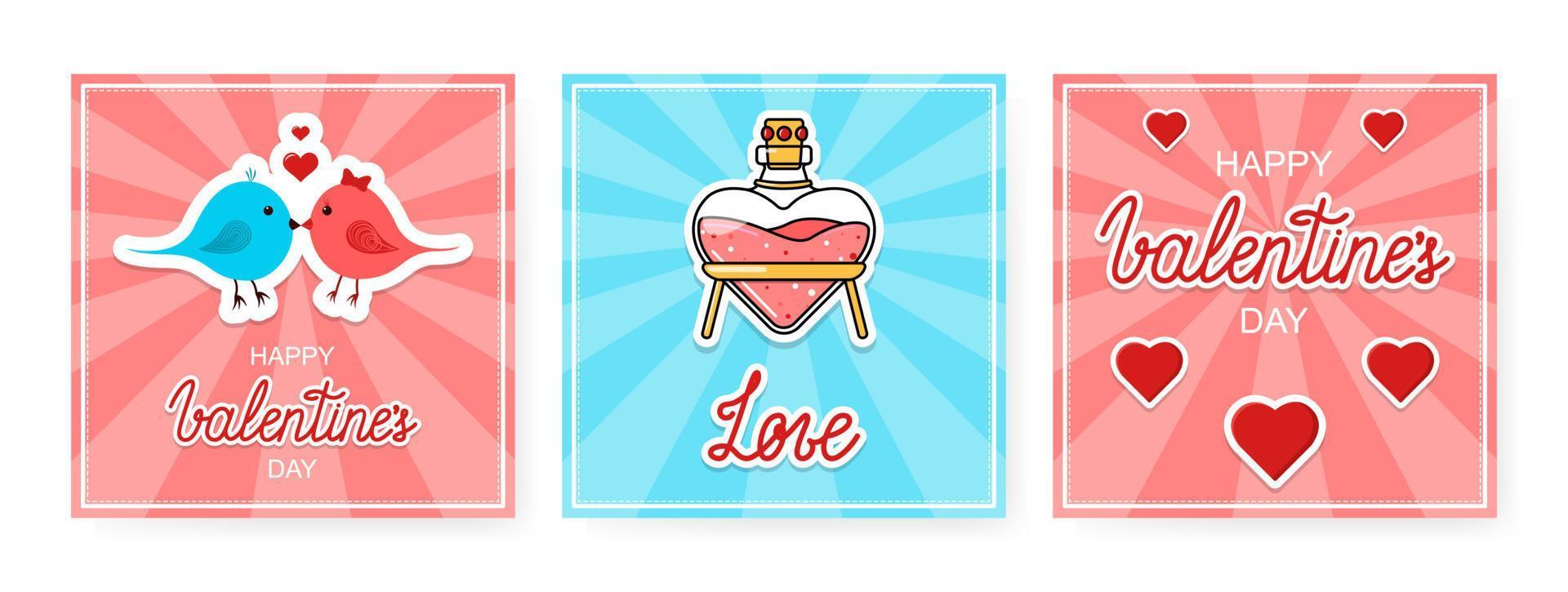 vector conjunto de banners de feliz san valentín. diseño de tres postales cuadradas antiguas para el 14 de febrero.