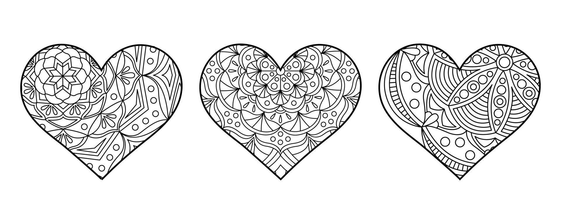 Vector heart shape coloring page. Line art geometric and floral ornaments in the heart