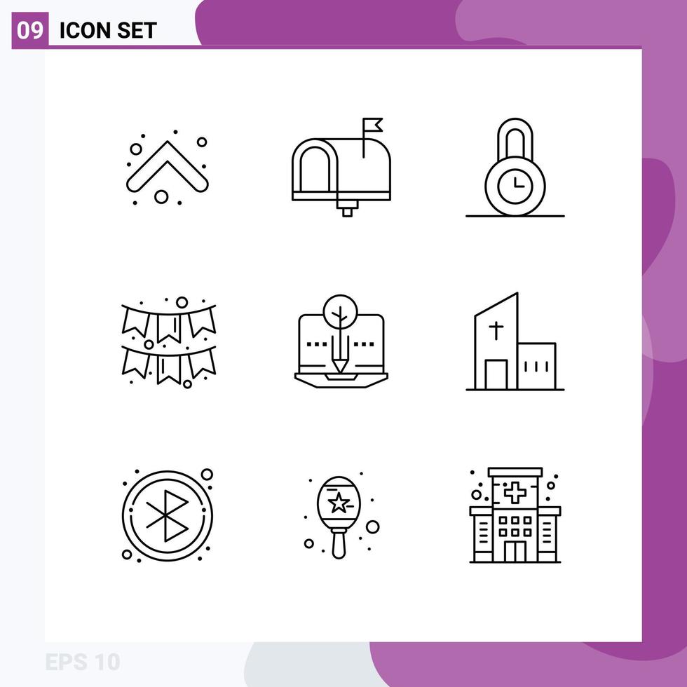 Pack of 9 Modern Outlines Signs and Symbols for Web Print Media such as content garlands in box flag celebration Editable Vector Design Elements