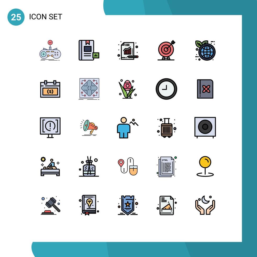 conjunto de 25 colores planos de línea rellena de vector en cuadrícula para elementos de diseño de vector editables de informe de objetivo de conocimiento de dardo de flecha