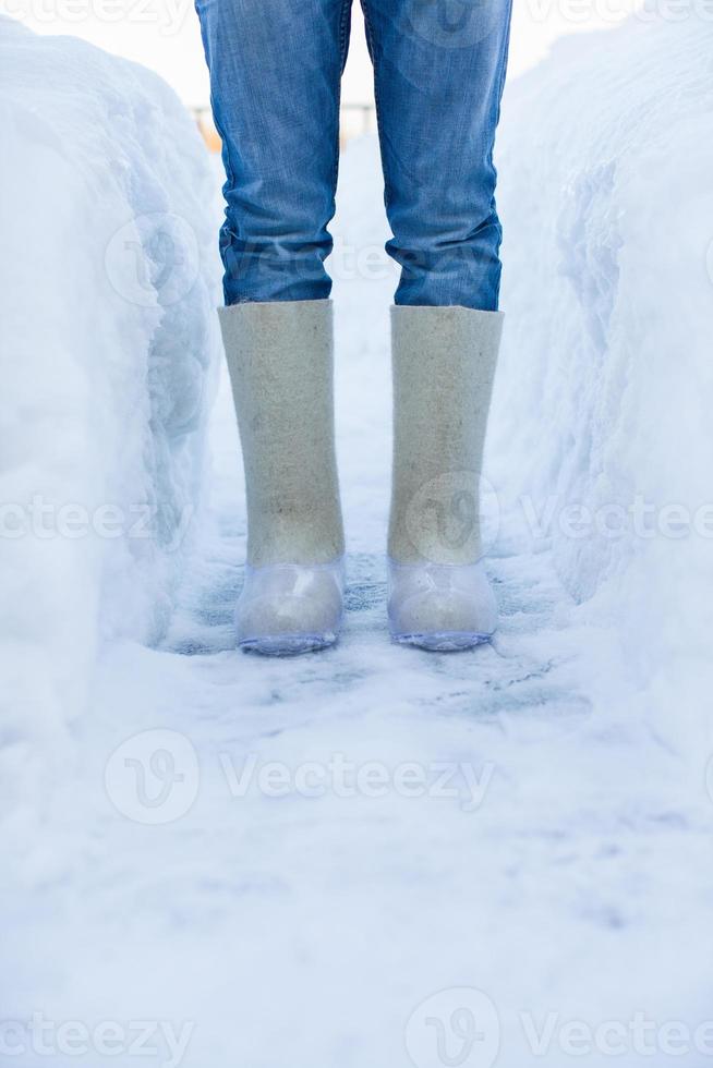 Close-up of warm boots for men's feet on the white snow photo