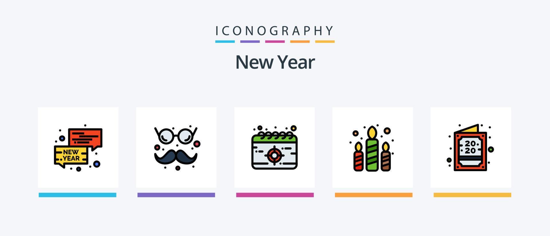 la línea de año nuevo llenó el paquete de 5 iconos, incluido el chat. fiesta. disco. dulce. pastel. diseño de iconos creativos vector