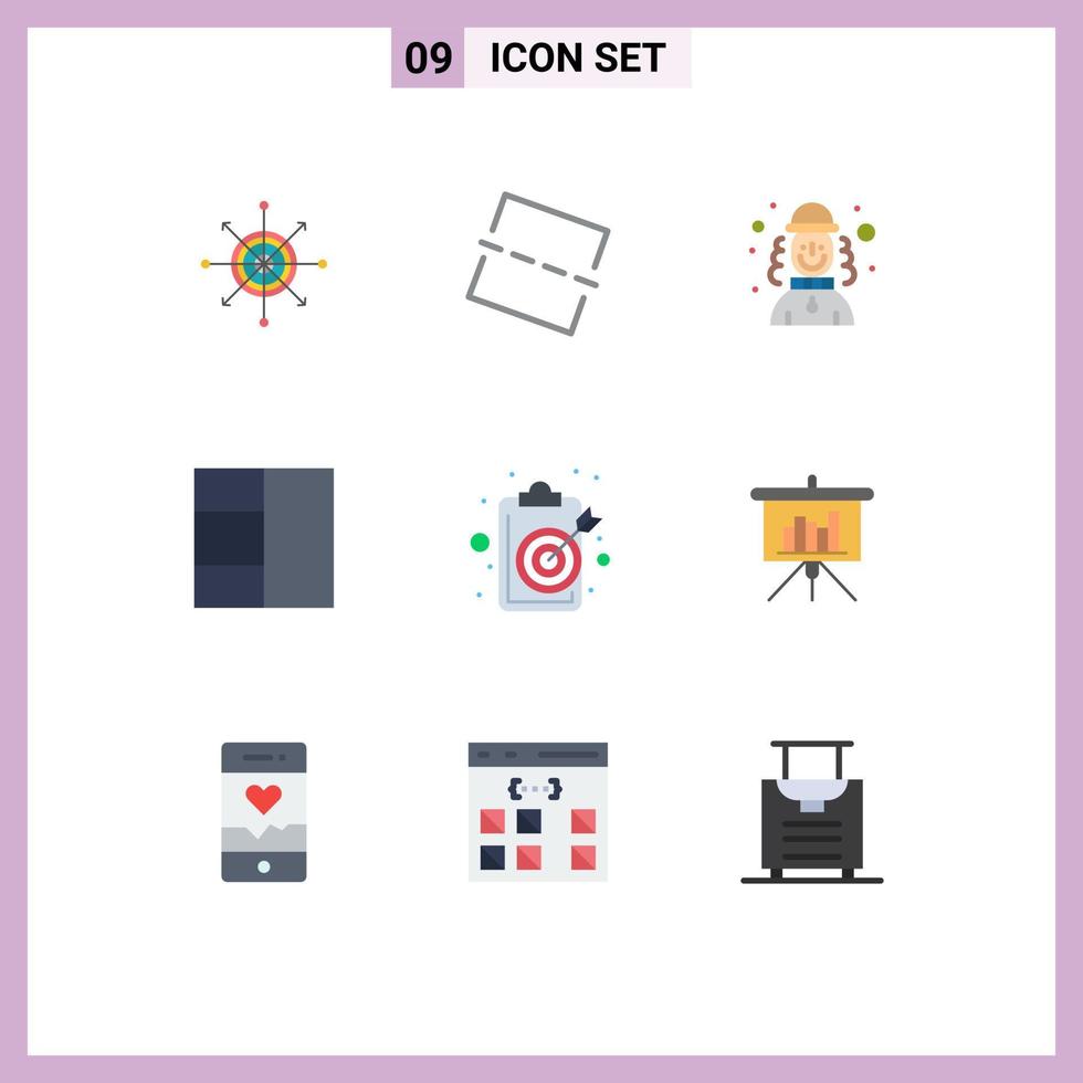 Pack of 9 Modern Flat Colors Signs and Symbols for Web Print Media such as objective clipboard harlequin aim grid Editable Vector Design Elements