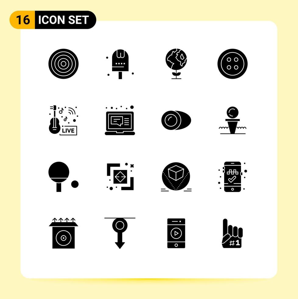 Pack of 16 creative Solid Glyphs of broadcasting music news set tools clothes Editable Vector Design Elements