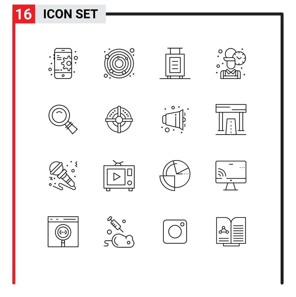 User Interface Pack of 16 Basic Outlines of target magnifying suitcase look worker Editable Vector Design Elements