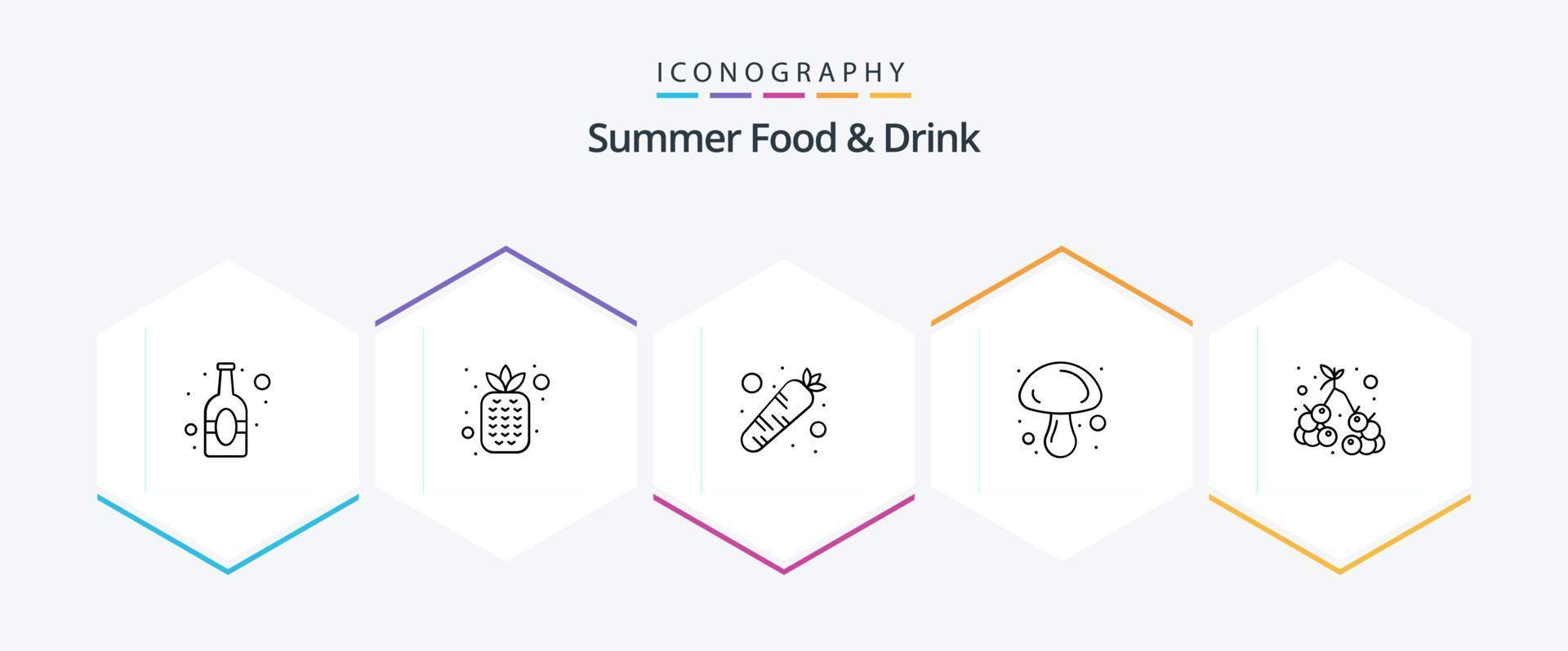 paquete de iconos de 25 líneas de comida y bebida de verano que incluye uva. vegetal. zanahoria. hongo. Cocinando vector