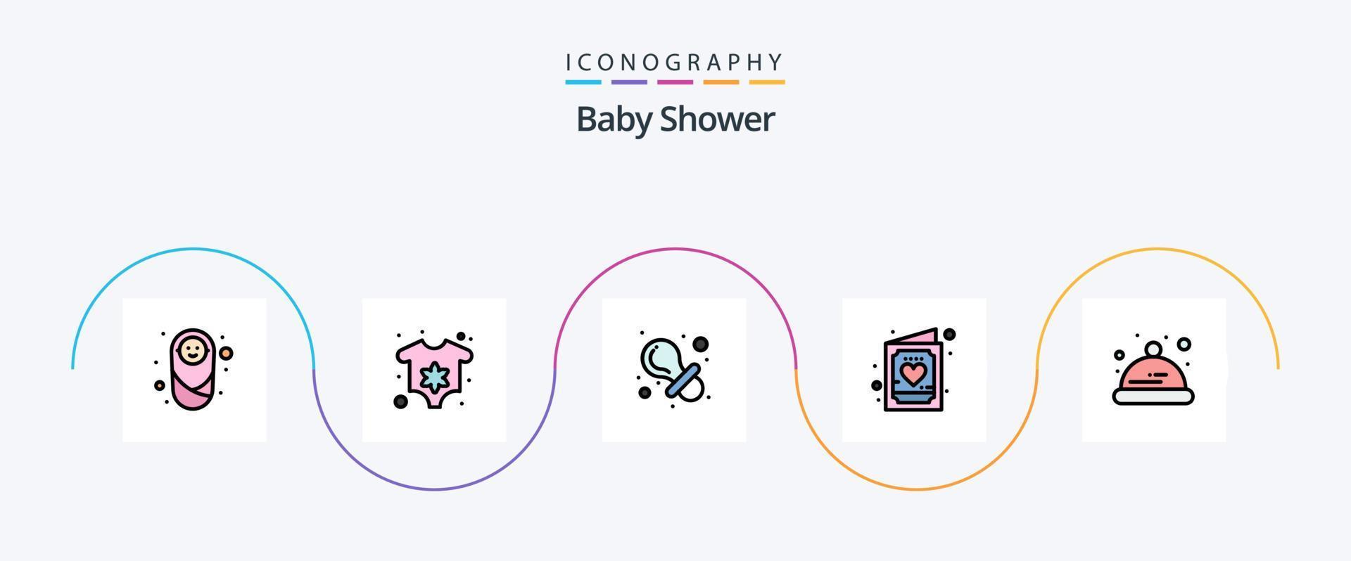 la línea de baby shower llenó el paquete de iconos planos 5 que incluye sombrero. niño. bebé. invitación. niño vector