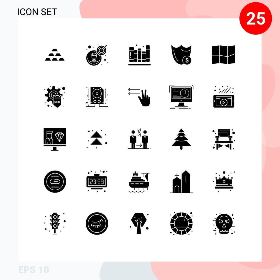 Pack of 25 Modern Solid Glyphs Signs and Symbols for Web Print Media such as safety shield goal library books Editable Vector Design Elements