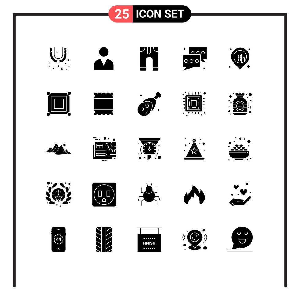 Modern Set of 25 Solid Glyphs Pictograph of location talk clothes message chat Editable Vector Design Elements