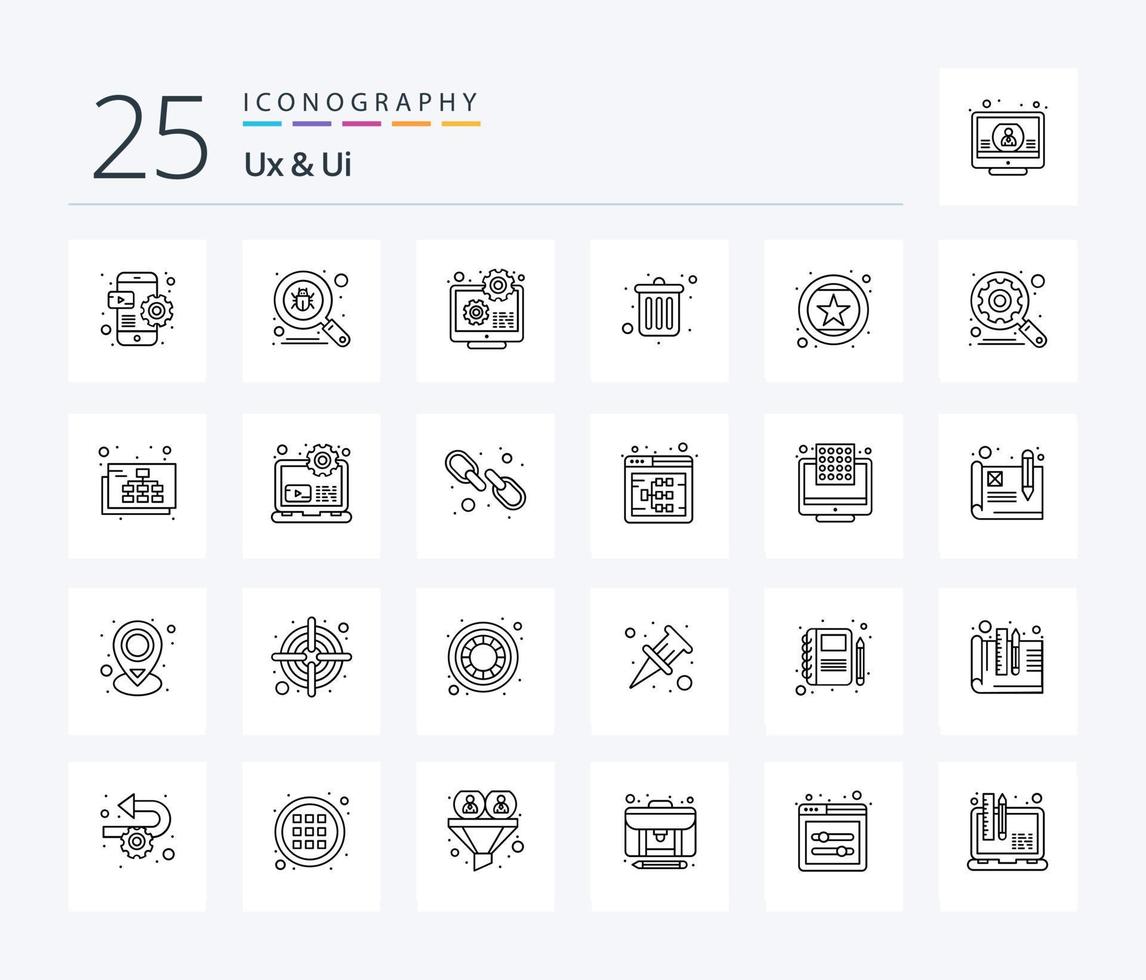Ux And Ui 25 Line icon pack including evaluation. office. configuration. dustbin. development vector