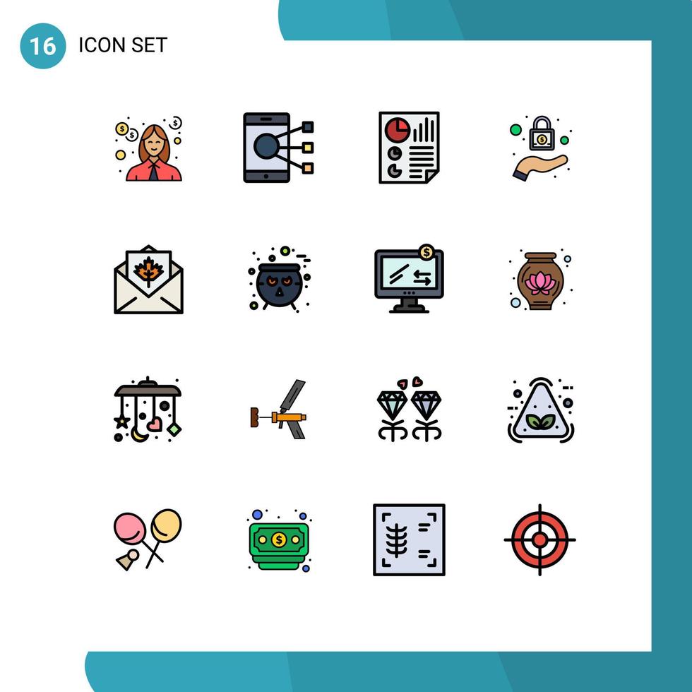 16 concepto de línea llena de color plano para sitios web móviles y aplicaciones bloqueo de seguridad documento de informe de teléfono elementos de diseño de vectores creativos editables