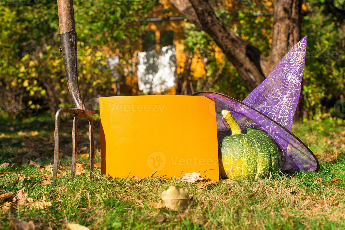 vista de calabazas de halloween, sombrero de bruja y rastrillo al aire libre foto