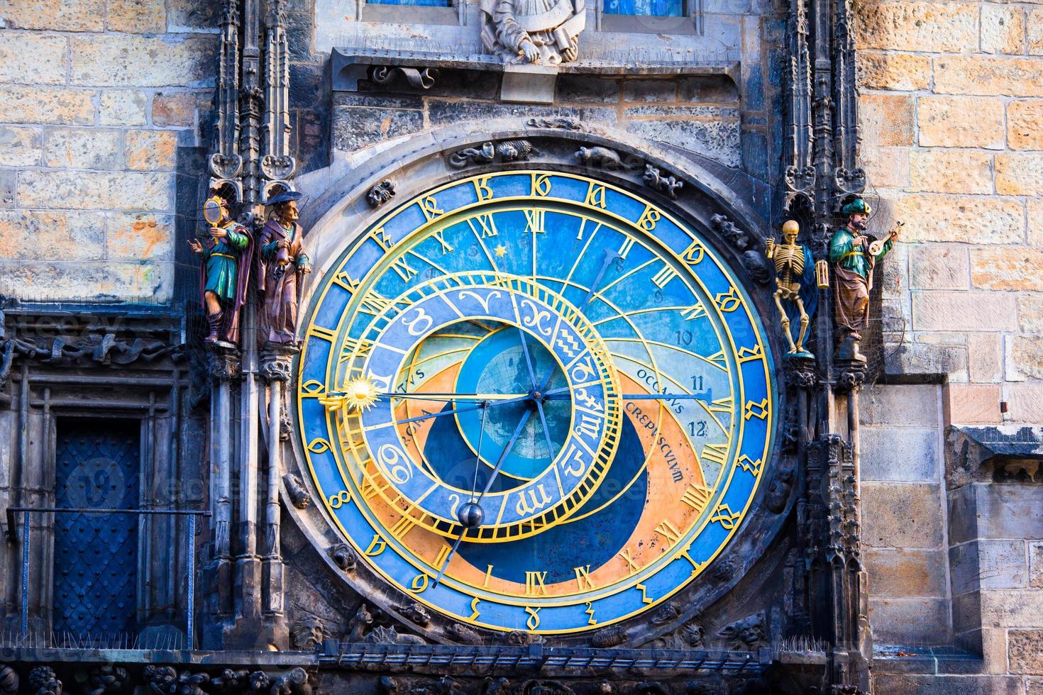 Astronomical Clock Orloj closeup in Czech Republic, Europe. Vintage style. Prague clock tower detail. photo