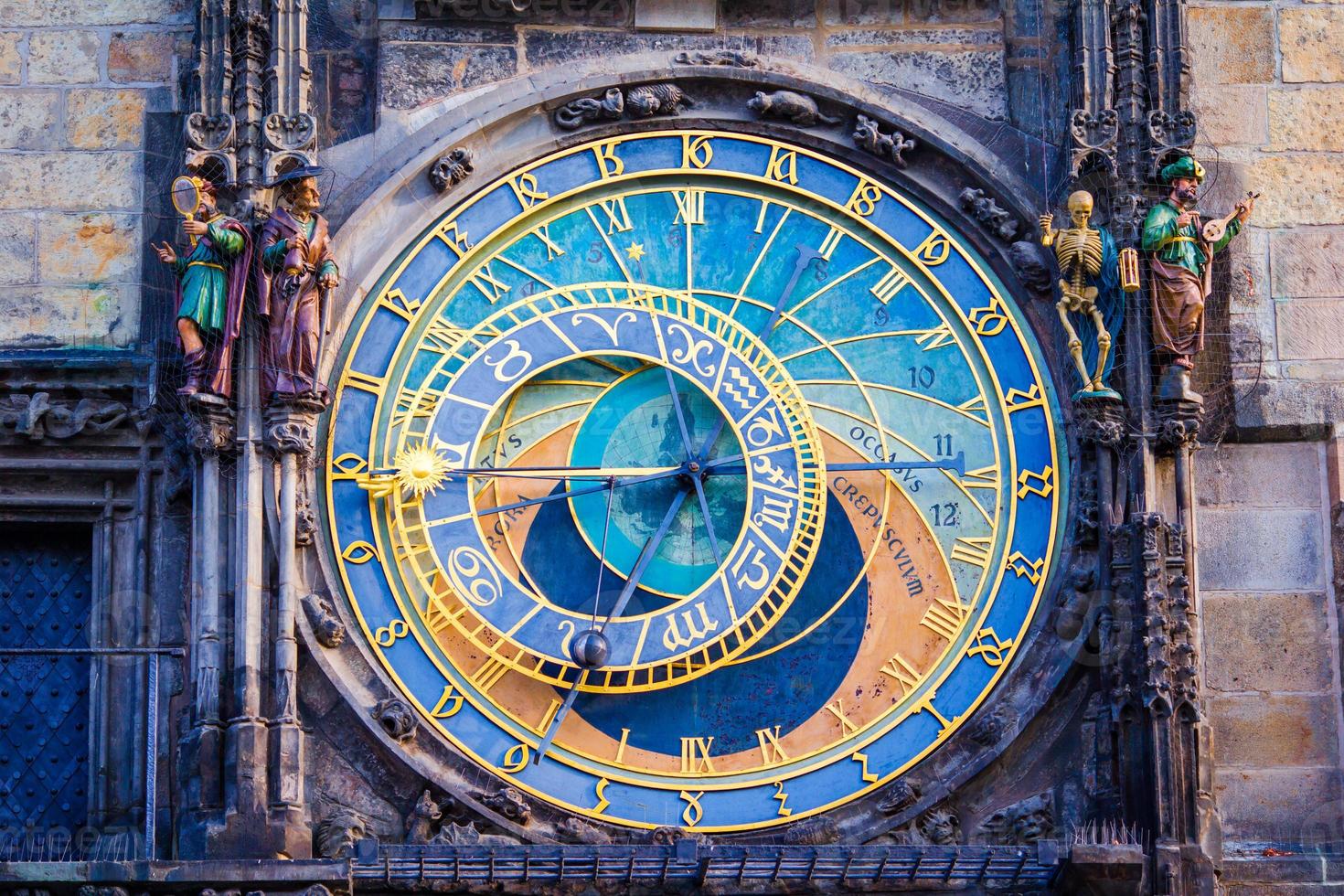Astronomical Clock Orloj closeup in Czech Republic, Europe. Vintage style. Prague clock tower detail. Famous attraction residents of Praga photo