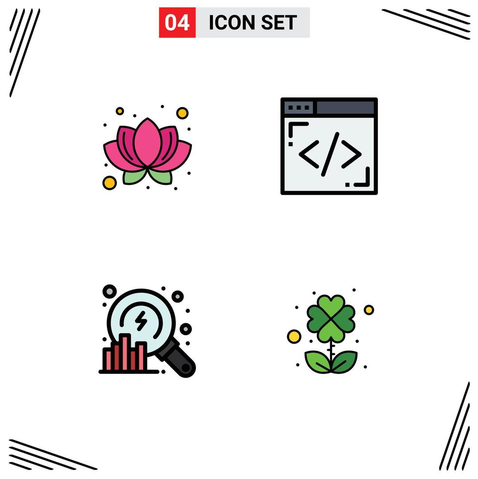 4 Universal Filledline Flat Color Signs Symbols of lotus search coding analysis four Editable Vector Design Elements