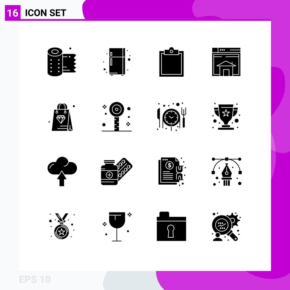 16 User Interface Solid Glyph Pack of modern Signs and Symbols of bag website clipboard page web Editable Vector Design Elements