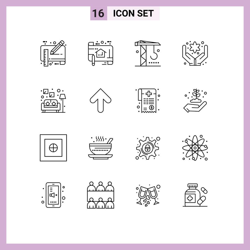 16 User Interface Outline Pack of modern Signs and Symbols of couch care plan hand machinery Editable Vector Design Elements