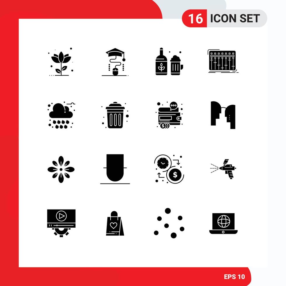 Group of 16 Solid Glyphs Signs and Symbols for studio mixer education dj ireland Editable Vector Design Elements