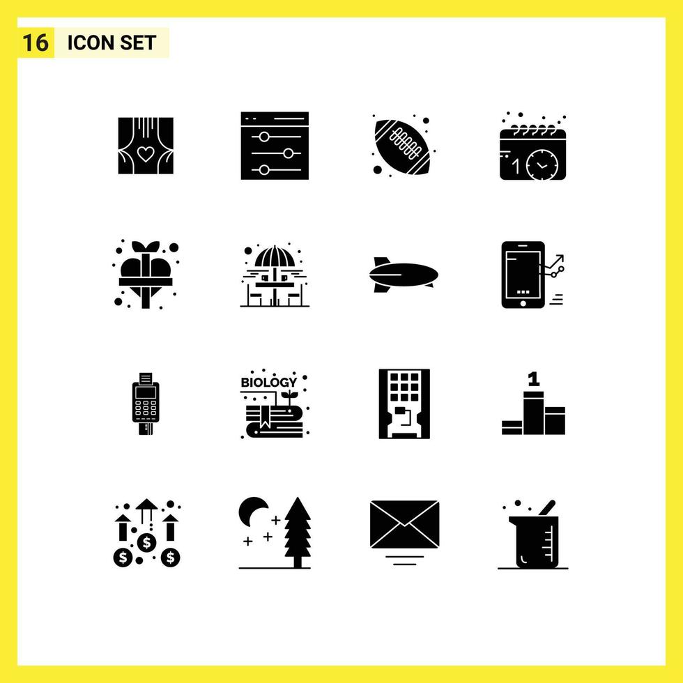 Set of 16 Vector Solid Glyphs on Grid for heart schedule user events high school Editable Vector Design Elements