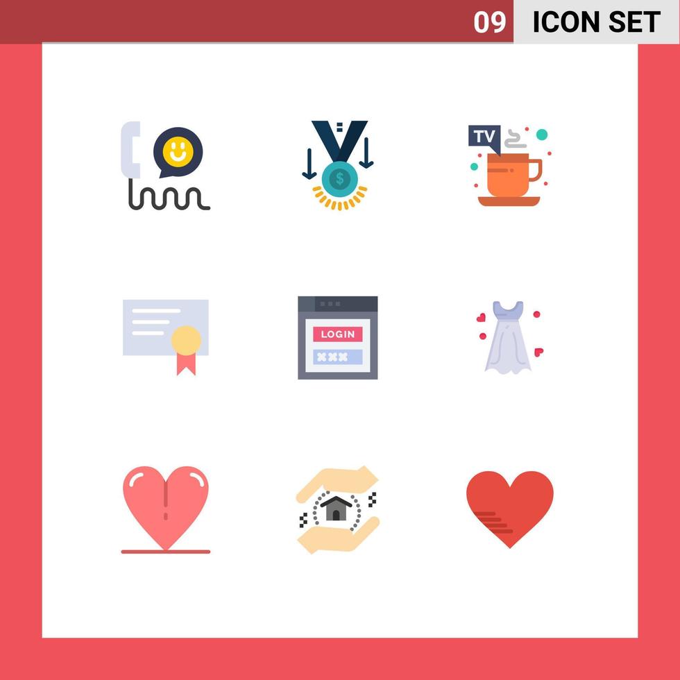 paquete de 9 signos y símbolos modernos de colores planos para medios de impresión web como elementos de diseño de vectores editables de té de certificado de ganador de diploma de Internet