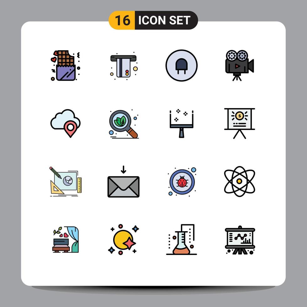 Modern Set of 16 Flat Color Filled Lines Pictograph of pin cloud charge video film camera Editable Creative Vector Design Elements
